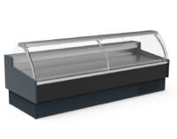 Vitrina refrigerada gourmet OLIRA VE-12-30-C para carnicería y charcutería, acero inoxidable y cristal curvo, amplia exposición, frontal elevable, LED, frescura profesional para productos selectos