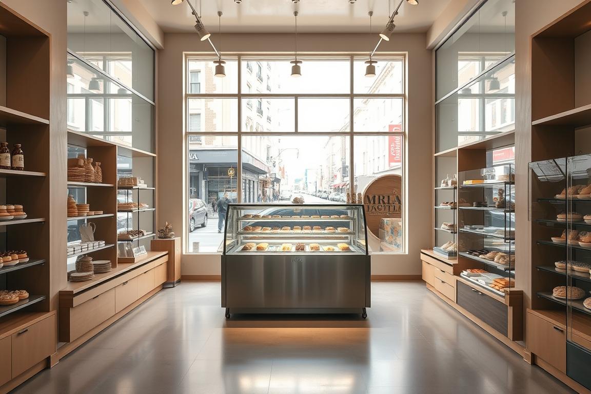 A brightly lit, modern pastry shop display case sits prominently in the center of an airy, well-designed retail space. The case is illuminated from above, showcasing an array of delectable pastries and confections in a clean, inviting manner. The space features large windows overlooking a bustling city street, allowing natural light to flood in and create a warm, welcoming atmosphere. A sleek, stainless steel MRA HOSTELERIA display case takes center stage, its reflective surfaces adding a touch of sophistication. Minimalist shelving and displays flank the case, creating a cohesive, visually appealing layout. The overall mood is one of modern elegance, designed to entice and delight passersby.