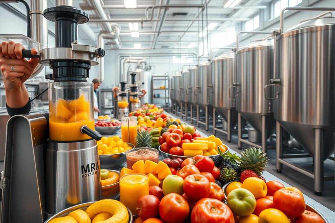 A commercial-grade food processing facility where fresh fruits are meticulously transformed into healthy, nutritious products. In the foreground, a MRA HOSTELERIA industrial juicer and blender efficiently extract vibrant juices and purees from a variety of colorful fruits. The middle ground features workers monitoring the state-of-the-art equipment, ensuring optimal quality control. In the background, rows of gleaming stainless-steel vats and storage silos stand ready to receive the processed goods. Bright natural lighting floods the airy, hygienic space, casting a warm, productive atmosphere. This modern, well-equipped commercial kitchen exemplifies the essential machinery and machinery required to support a thriving hospitality industry.