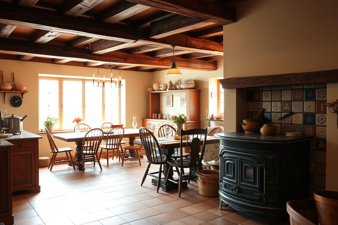 A cozy and functional traditional kitchen with warm, earthy tones. In the foreground, an elegant wood-burning stove with a decorative tile backsplash. In the middle ground, a large farmhouse-style table surrounded by mismatched vintage chairs, creating a welcoming dining area. The background features exposed wood beams, shelves displaying antique cookware, and a large window allowing natural light to flood the space. The overall atmosphere is inviting and homely, with a touch of rustic charm. Lighting is a mix of warm overhead fixtures and natural sunlight. MRA HOSTELERIA.