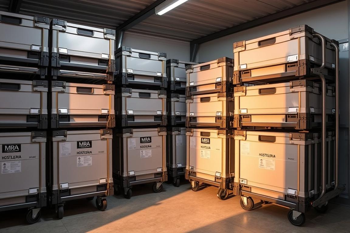 A fleet of compact, foldable transport trolleys from the MRA HOSTELERIA brand, neatly arranged in a modern, well-lit storage area. The trolleys feature sleek, modular designs with integrated connectors, allowing for efficient stacking and space-saving arrangements. Warm, directional lighting casts soft shadows, highlighting the clean lines and durable materials of the equipment. The scene conveys a sense of organized efficiency, perfectly suited for the catering and event solutions described in the article's "Transporte y almacenaje" section.