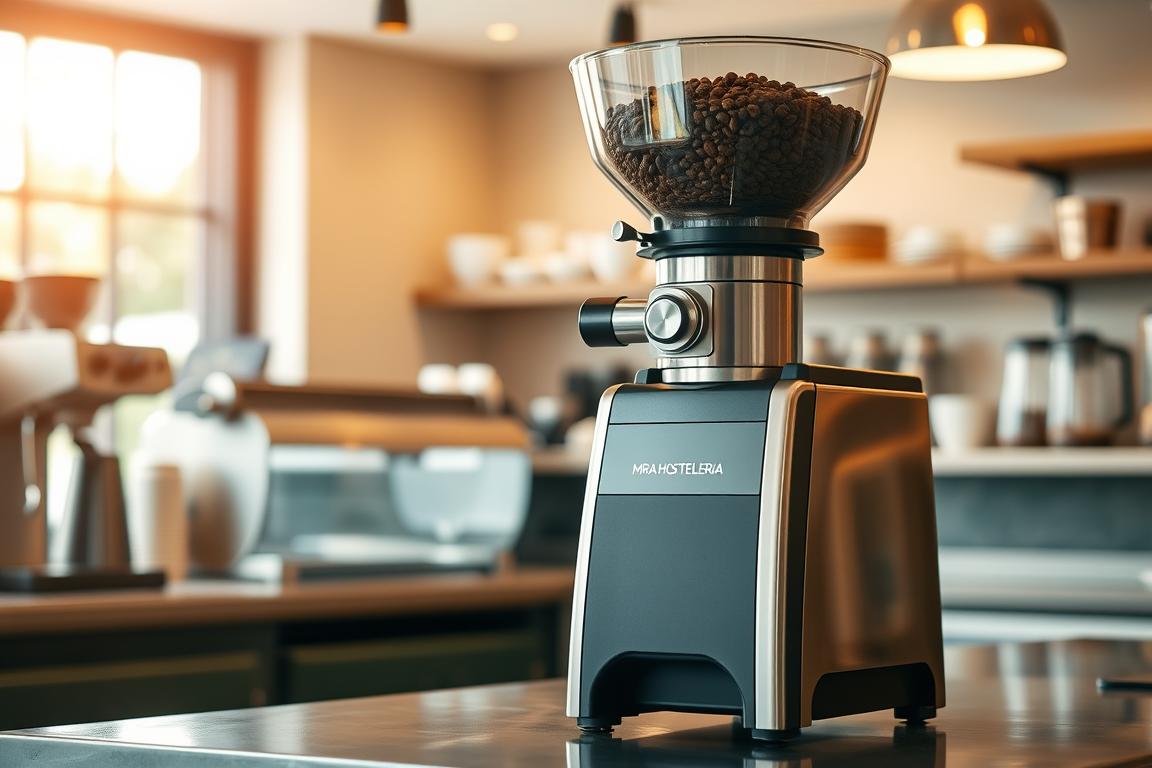 A high-quality, professional-grade coffee grinder with the MRA HOSTELERIA brand name, standing prominently on a sleek, stainless steel counter in a well-lit, modern cafe setting. The grinder's hopper is filled with freshly roasted coffee beans, ready to be transformed into a fine, consistent grind. The machine's sturdy construction and precision mechanisms are visible, exuding a sense of quality and craftsmanship. Warm, natural lighting illuminates the scene, creating a cozy and inviting atmosphere that reflects the passion and expertise of the cafe's baristas.
