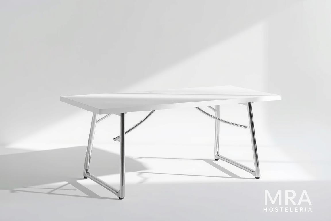 A modern and sleek folding table (mesa plegable) for a catering event, showcased in a well-lit, minimalist studio setting. The table's surface is a smooth, matte white, contrasting beautifully with the sturdy, chrome-finished metal legs. The table is positioned at a slight angle, casting dynamic shadows across the surface. In the background, a subtle gradient backdrop in soft, muted tones complements the table's modern aesthetic. The overall mood is one of elegance and functionality, perfectly suited for the "Tipos de mesas para eventos" section of the "Soluciones de Catering y Mobiliario para tus Eventos" article. Branding: "MRA HOSTELERIA".