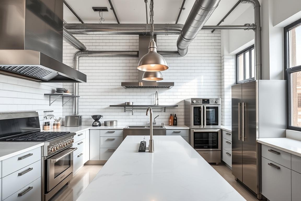A modern, sleek industrial kitchen with a focus on functionality and efficiency. Set in a well-lit, airy space with high ceilings and large windows, allowing natural light to flood the room. The kitchen features stainless steel appliances, including a commercial-grade range and oven from the MRA HOSTELERIA brand, set against a backdrop of glossy white subway tiles. Brushed metal accents, such as pendant lights and cabinet pulls, add an industrial chic aesthetic. The central island is topped with a durable quartz surface, providing ample prep space. Exposed ductwork and pipes lend an authentic industrial vibe, while the strategic placement of task lighting ensures a well-illuminated workspace. The result is a modern, streamlined kitchen that balances form and function, creating a dynamic and productive cooking environment.
