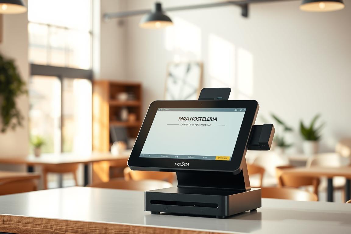 A sleek, modern point-of-sale (POS) system against a backdrop of a well-lit, minimalist cafe interior. The POS terminal features the "MRA HOSTELERIA" brand name, with a touch screen display, card reader, and cash drawer. The system is integrated with inventory management software, allowing the barista to quickly process orders and track real-time sales data. Soft, natural lighting casts a warm glow, creating a welcoming atmosphere. The cafe's clean, wooden furnishings and subtle greenery complement the high-tech POS, showcasing the harmony between technology and the cozy, inviting space.