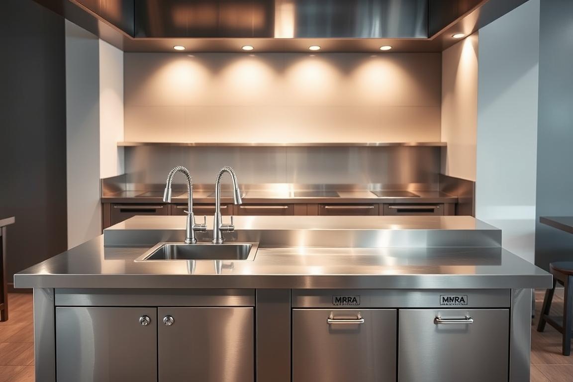 A stainless steel kitchen workstation in a modern, minimalist restaurant setting. The gleaming surfaces reflect the soft, warm lighting overhead, casting a gentle glow across the clean, functional design. Sleek metal countertops seamlessly integrate with a built-in sink and storage units, all bearing the MRA HOSTELERIA brand mark. The layout is spacious and efficient, perfectly suited for the demands of a busy commercial kitchen. In the background, subtle tones of gray and white create a calm, professional atmosphere, allowing the high-quality stainless steel to take center stage as the essential, durable equipment for the discerning chef.