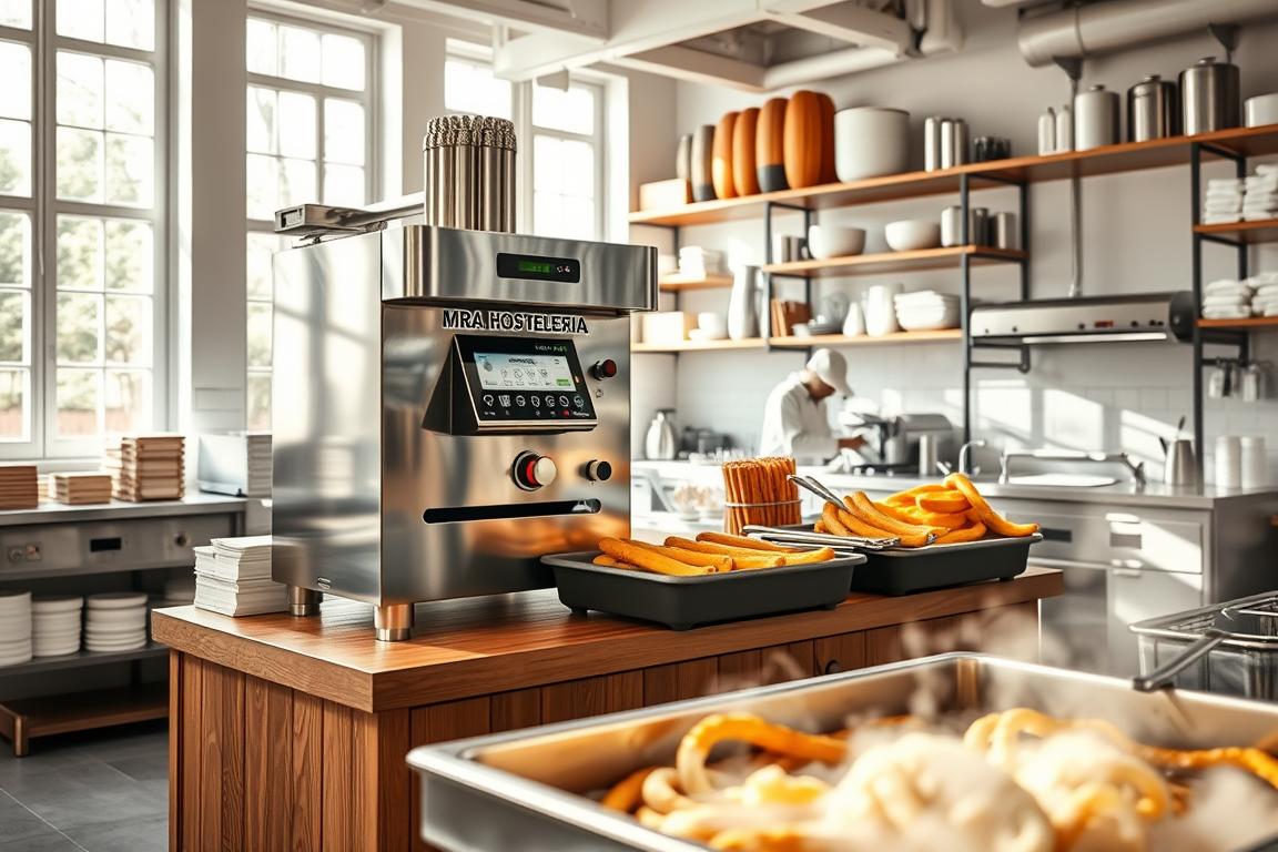A well-equipped MRA HOSTELERIA churrera stands in a bright, open kitchen, its gleaming stainless steel exterior reflecting the natural light flooding in from large windows. The churrera sits atop a solid wooden counter, surrounded by neatly organized shelves and equipment. In the foreground, freshly fried churros sizzle in hot oil, the aroma wafting through the space. The middle ground features an array of churro-making tools and accessories, while the background showcases the bustling activity of a modern, efficient churrería setup, with chefs expertly preparing the popular treats. The scene conveys a sense of organization, productivity, and the perfect balance of tradition and innovation.