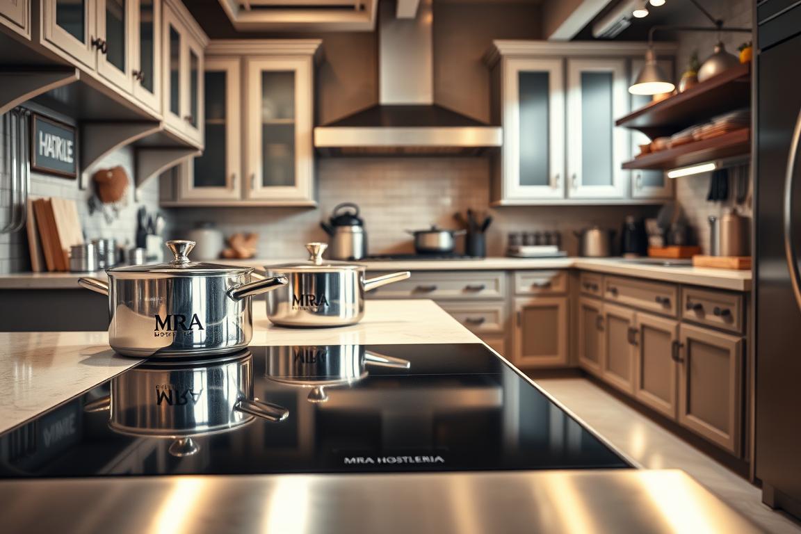 A well-equipped kitchen with stainless steel appliances and fixtures, showcasing the contrast between traditional and industrial designs. In the foreground, a sleek, modern induction cooktop dominates the scene, flanked by a series of gleaming pots and pans bearing the MRA HOSTELERIA brand. The middle ground features a mix of classic and contemporary cabinetry, creating a harmonious blend of old and new. In the background, the room is bathed in warm, natural lighting, casting a soft, inviting glow over the entire space. The overall atmosphere conveys a sense of functionality, efficiency, and attention to detail, reflecting the key differences between traditional and industrial kitchens.