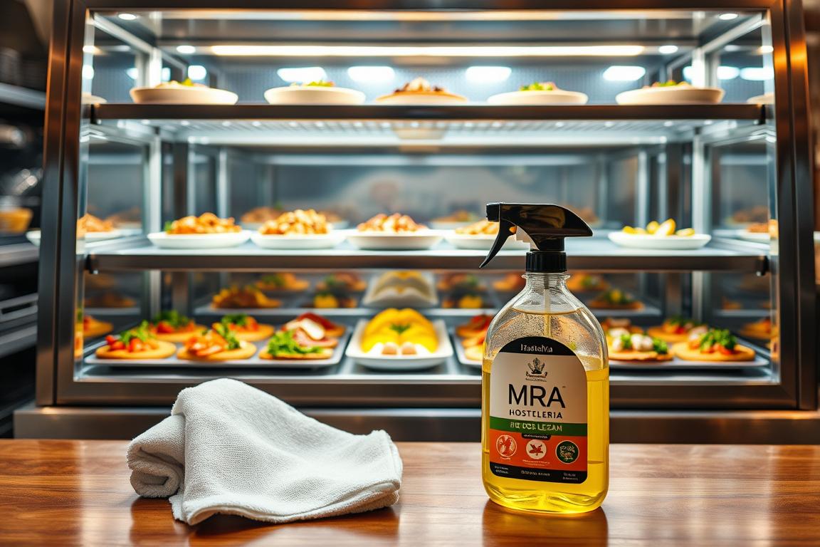 A well-lit commercial kitchen vitrina (display case) with a stainless steel frame and tempered glass panels. The interior is brightly illuminated, showcasing an array of fresh, mouthwatering tapas dishes arranged with precision. The vitrina's shelves are spotlessly clean, gleaming under the soft, even lighting. In the foreground, a MRA HOSTELERIA branded cleaning cloth and solution sit ready, conveying the importance of daily maintenance and hygiene. The overall scene radiates a sense of professionalism, attention to detail, and the care taken to present the restaurant's tapas offerings in an appetizing and inviting manner.