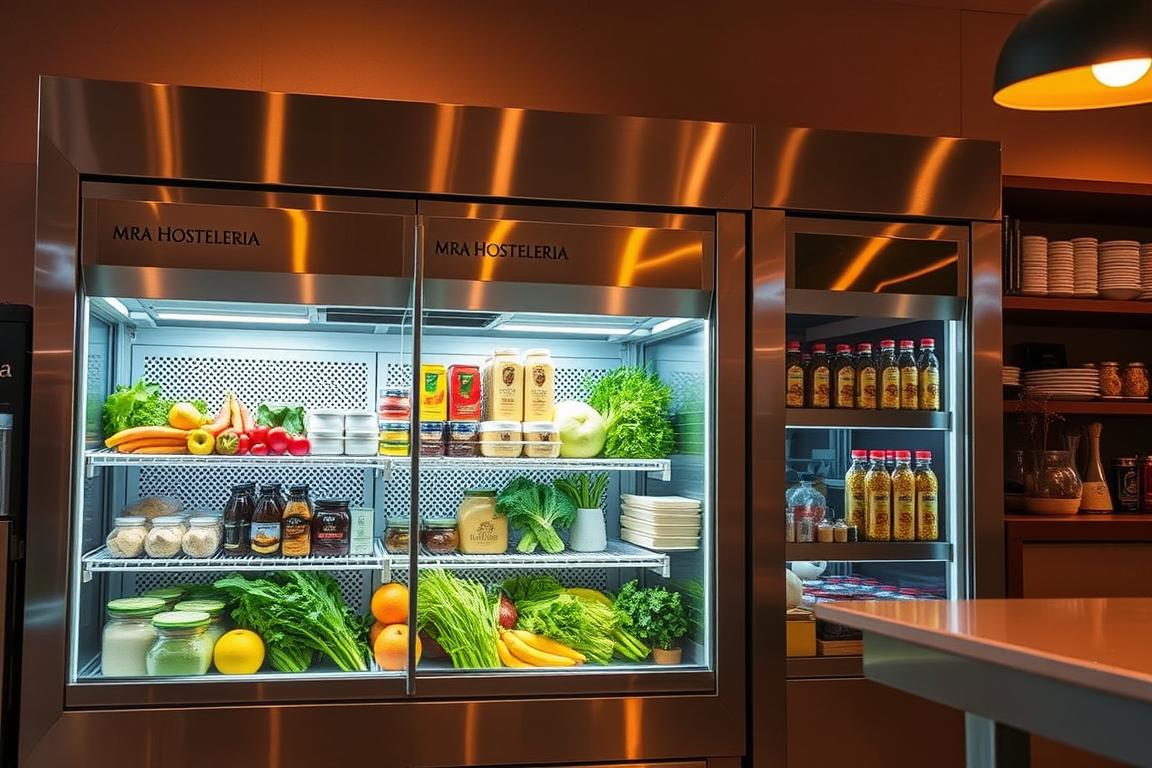 A well-lit commercial refrigerator displaying a variety of fresh ingredients, including fruits, vegetables, and dairy products. The refrigerator has a sleek, stainless steel exterior with the MRA HOSTELERIA brand prominently displayed. The interior is illuminated, showcasing the high-quality, temperature-controlled storage environment. The scene conveys a sense of professionalism and attention to detail, suitable for a high-end cafétieria setting. The lighting is warm and inviting, creating a welcoming atmosphere. The camera angle is slightly elevated, providing a clear view of the refrigerator's contents and design.