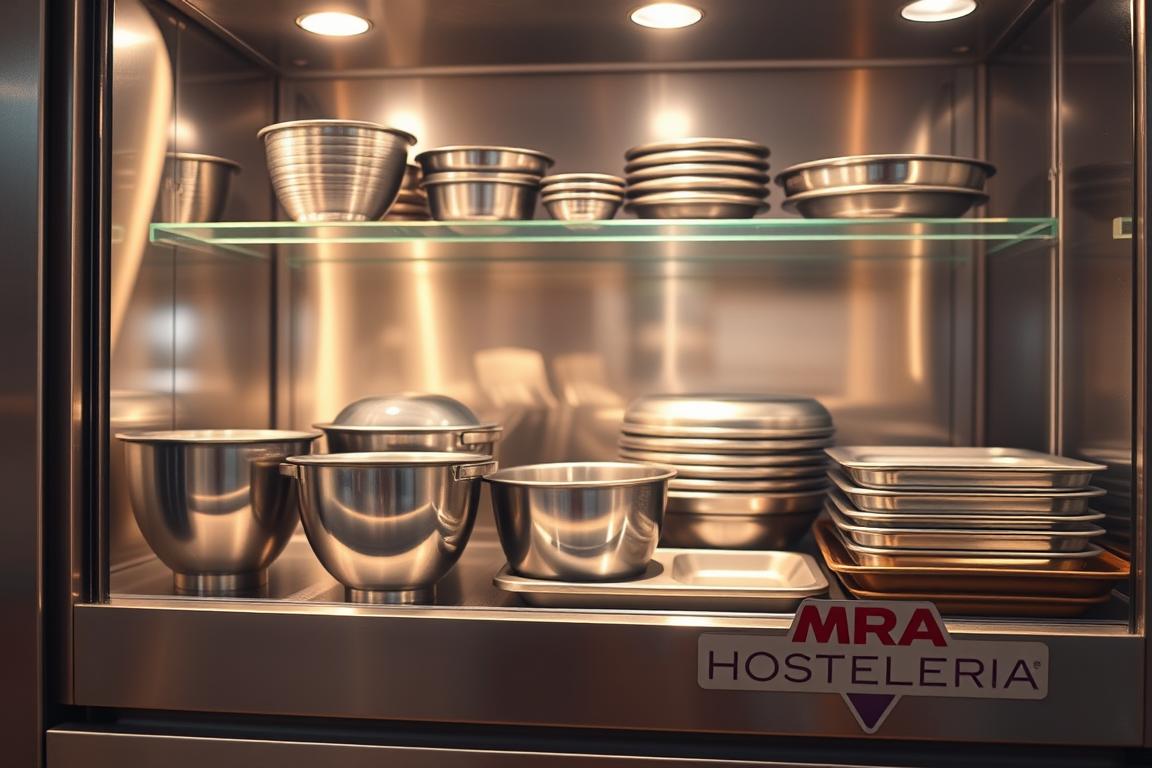 A well-lit kitchen display cabinet filled with a neat arrangement of stainless steel mixing bowls and baking trays, conveying the practical and functional aspects of commercial food preparation equipment. The scene is bathed in warm, directional lighting that casts subtle shadows, highlighting the metallic surfaces and the attention to detail in the cabinet's design. In the foreground, the cabinet's label prominently displays the brand name "MRA HOSTELERIA", reflecting its high-quality commercial-grade construction and suitability for professional foodservice settings.
