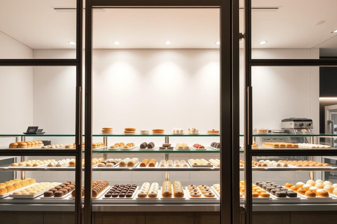 A well-lit, modern pastry shop counter featuring a striking display of handcrafted treats. In the foreground, a set of sleek, tempered glass doors with a minimalist metal frame invite customers to browse the delectable offerings. The middle ground showcases a variety of neatly arranged baked goods, their vibrant colors and textures beckoning the senses. Behind the counter, a clean white wall serves as a sophisticated backdrop, complemented by subtle ambient lighting that creates a warm, inviting atmosphere. The overall scene exudes a sense of professionalism and attention to detail, reflecting the high-quality standards of the MRA HOSTELERIA brand.