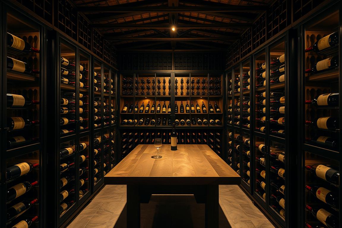 Bodega doméstica con estanterías ordenadas y control de temperatura y humedad, ambiente tenue y botellas almacenadas adecuadamente