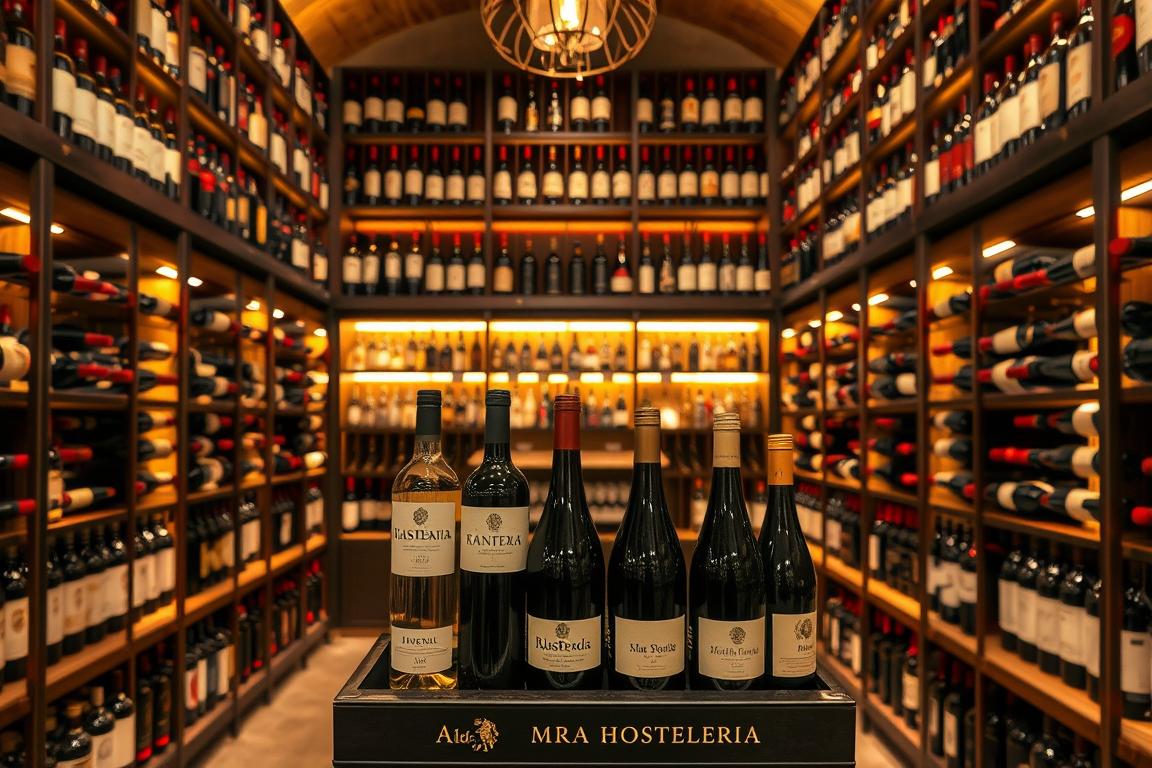 Estantería bien surtida con botellas de distintas formas y añadas, luz cálida y ambiente de bodega
