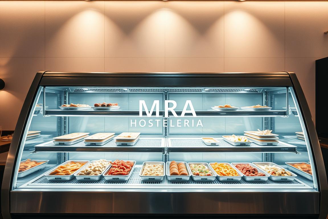 Vitrina refrigerada de acero inoxidable con múltiples niveles de estantería, diseñada para exponer y mantener frescos una variedad de tapas y pinchos. Iluminación suave sobre el vidrio templado con acabado mate, que permite una vista clara del interior. Logotipo "MRA HOSTELERIA" resaltado en la parte frontal. Ángulo de cámara a la altura de los ojos, capturando la funcionalidad y elegancia de la vitrina en un entorno de restaurante de tapas.