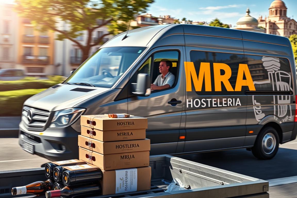furgoneta de reparto en una calle española, paquetes bien embalados listos para entrega