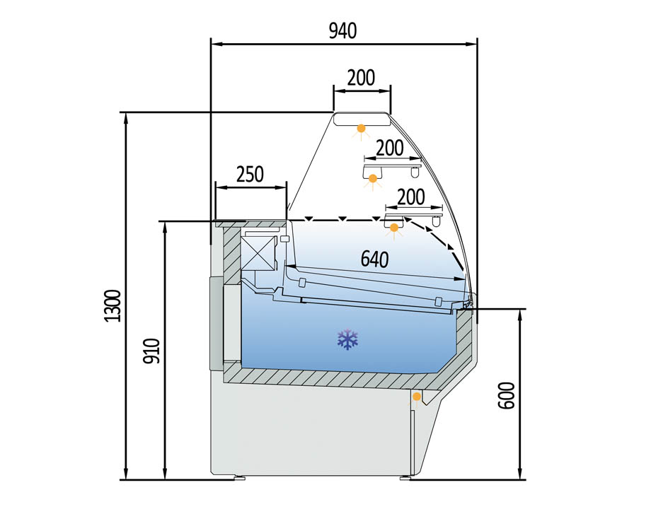 VEP-9-C-PLANO Vesper Vitrina Curva Pastelera