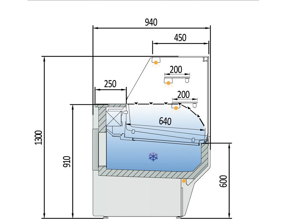 VEP-9-RR-PLANO Vesper Vitrina Curva Pastelera