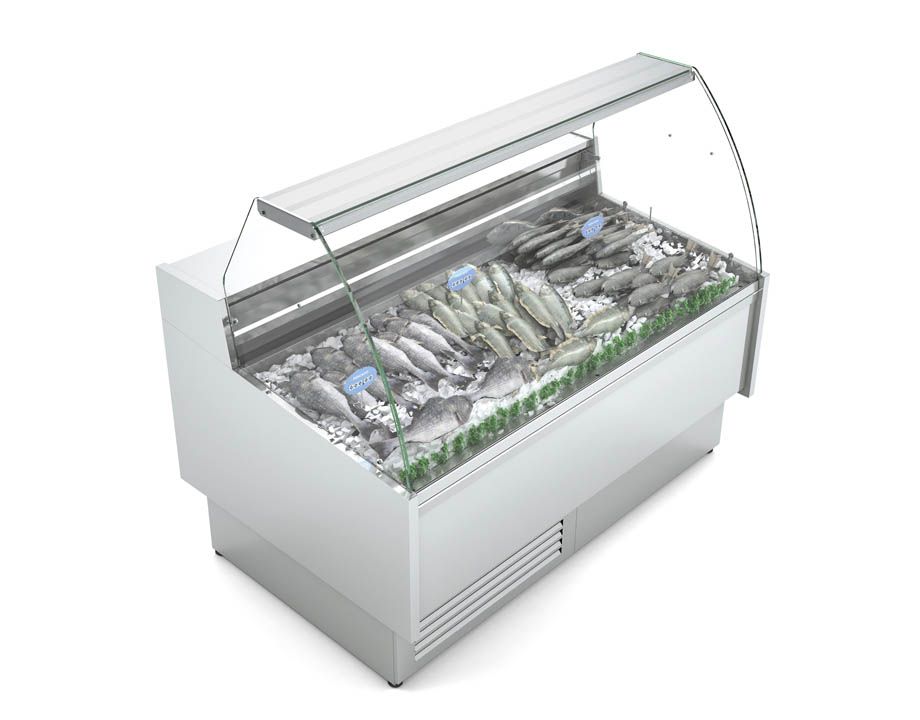 Expositor refrigerado Calypsso mostrando centollos, lubinas y mariscos frescos