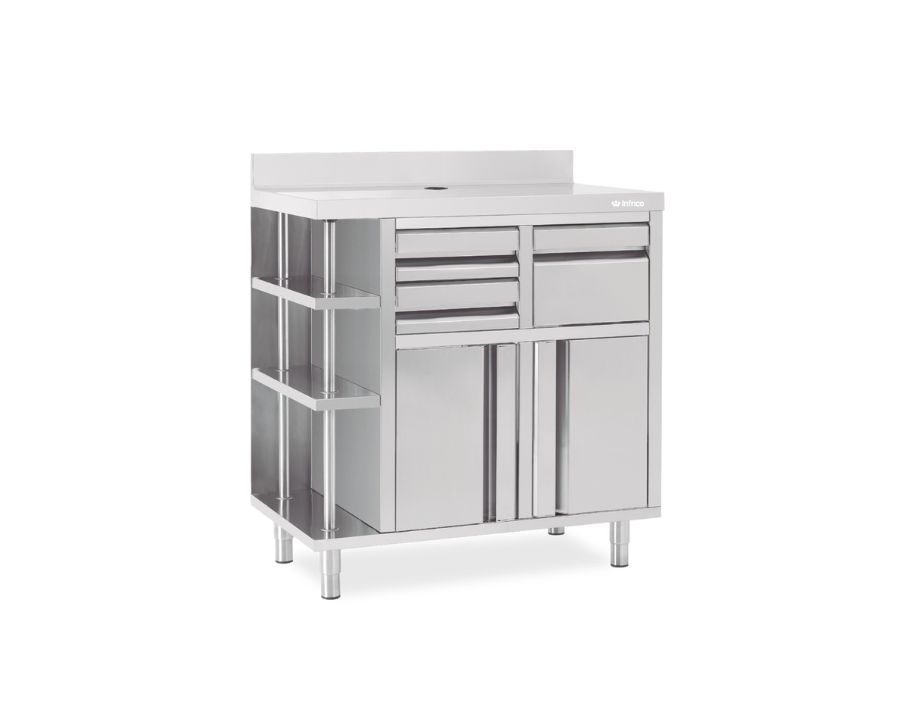 Mueble cafetero compacto 820mm acero inoxidable con cajones para bar pequeño