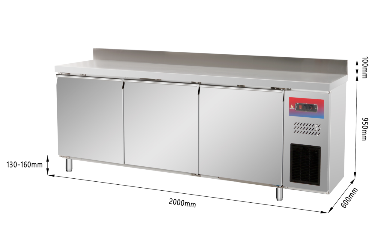 Mesa Bajo Mostrador Refrigerada 3 Puertas 2000x600x950mm con Peto Gasfrit GFH115 hostelería profesional — vista lateral