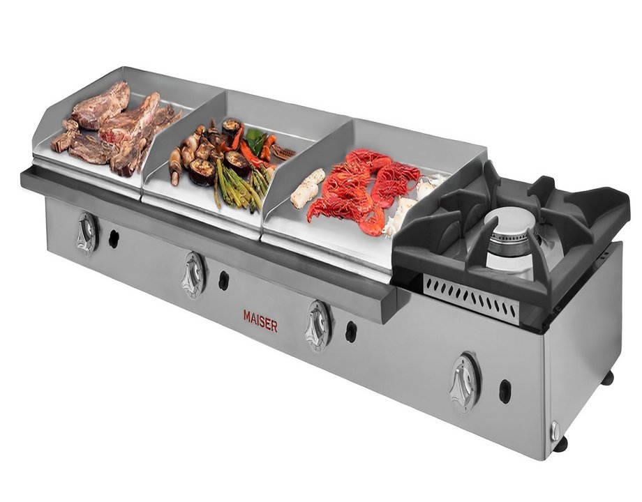 Plancha Gas Cromo Duro Triple Placa 40x3 cm con Fogón 6 kW ECOGAS Maiser PKR444+40F hostelería profesional