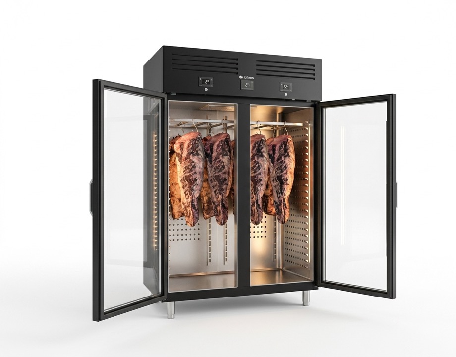 Armario Madurador Dry Aging Doble Negro Infrico AGB1402MDAB - interior doble con carne madurando