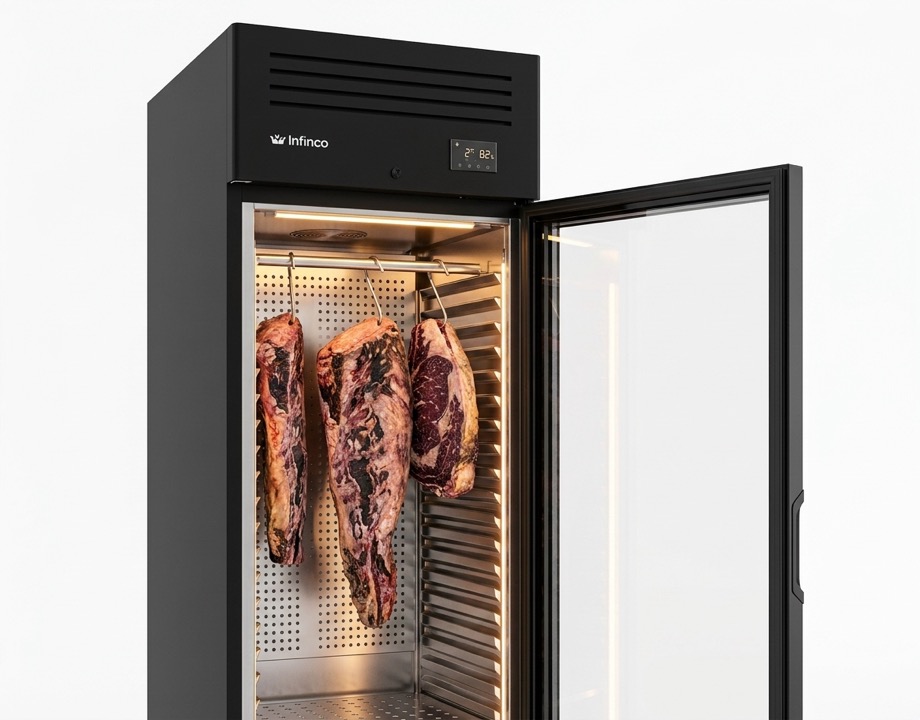 Armario Madurador Dry Aging Simple Negro Infrico AGB701MDAB - interior con carne de vacuno madurando