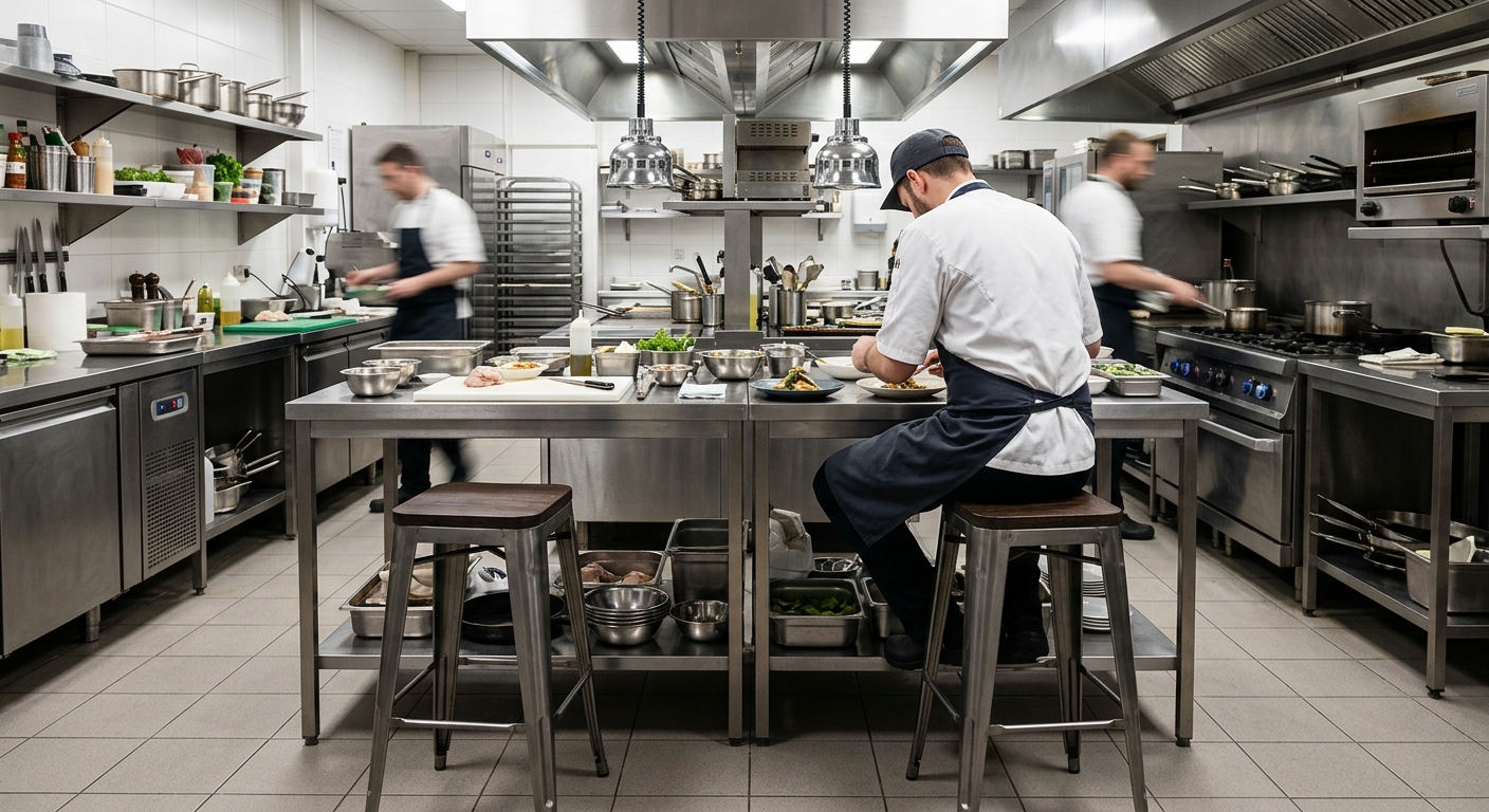 taburetes hosteleria — taburetes hosteleria en uso en cocina profesional