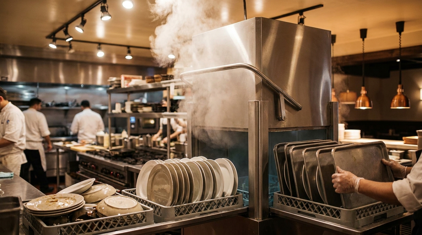 Lavavajillas industrial profesional en cocina de restaurante con vapor hostelería
