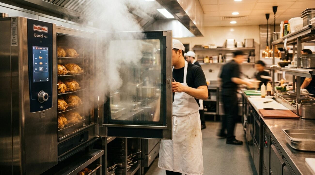 Horno mixto profesional Unox CHEFTOP-X en cocina industrial con vapor