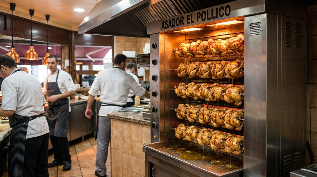 Asador de pollo vertical profesional en asador español con pollos dorados hostelería