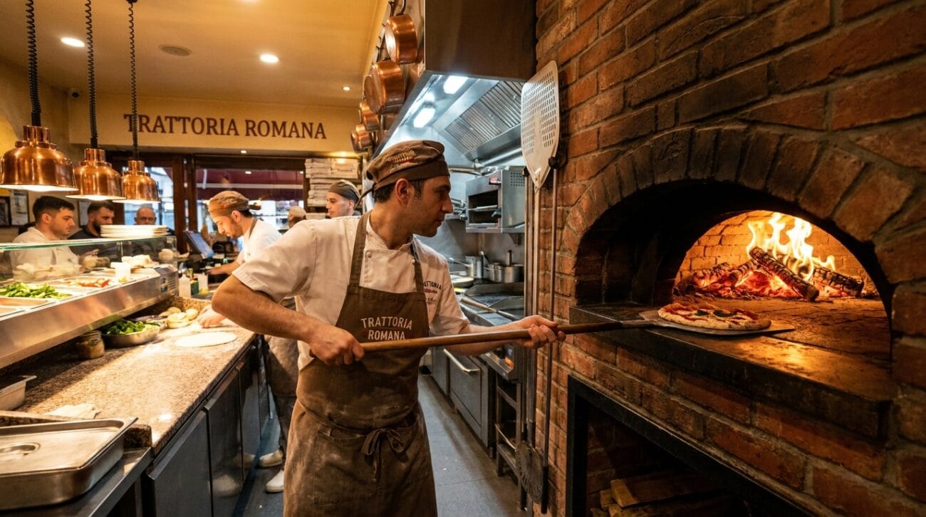 Horno pizza profesional ADLER con pizza en piedra refractaria