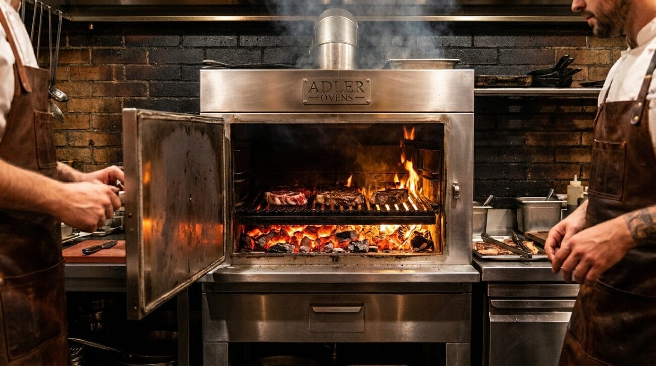 Horno de brasa ADLER con brasas rojas y carne asándose hostelería