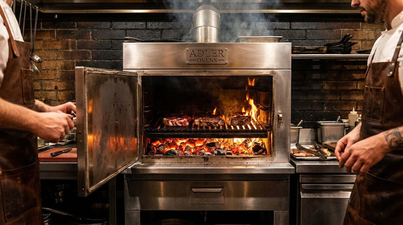 Horno de brasa ADLER con brasas rojas y carne asándose hostelería