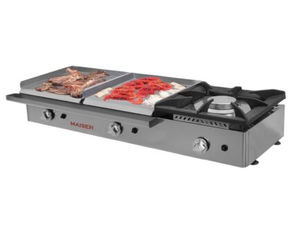 Plancha a gas doble 40+40 cm rectificada 8 mm con fogón Maiser PG8R40X2+40F