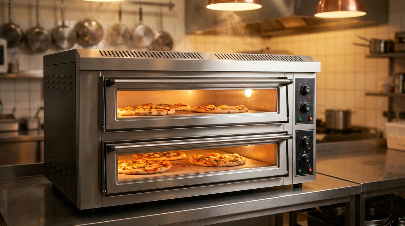 Horno pizza eléctrico profesional con doble cámara encendido en cocina de pizzería