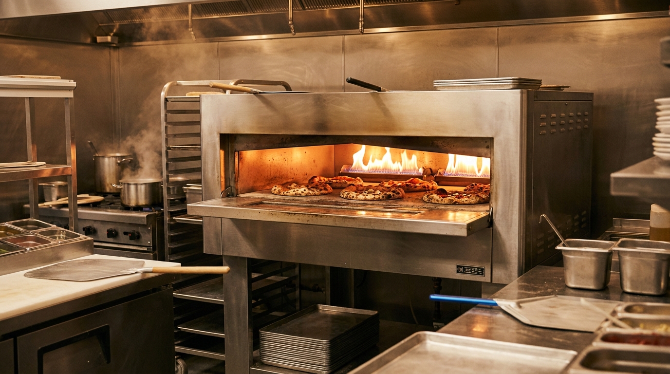 Horno pizza gas profesional ADLER en pizzería con producción alta y pizzas en cocción