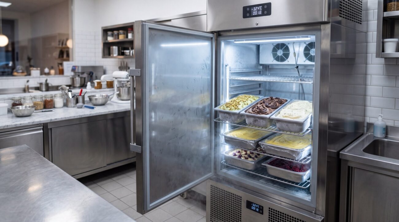 Abatidor de temperatura profesional para heladería con bandejas GN en cocina 2026