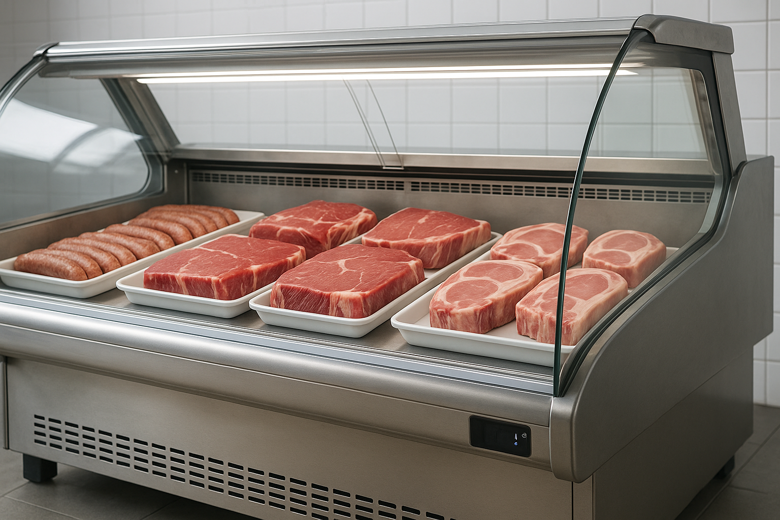 Vitrina expositora carnicera profesional con cuba refrigerada y bandejas de género