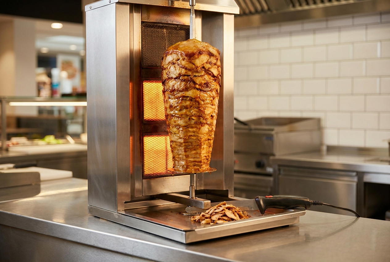 Asador de kebab döner profesional con cuchillo eléctrico de corte en local 2026