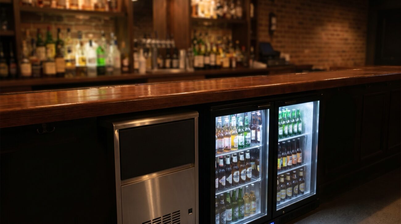 Equipamiento profesional de pub: botellero refrigerado y máquina de hielo en barra nocturna 2026