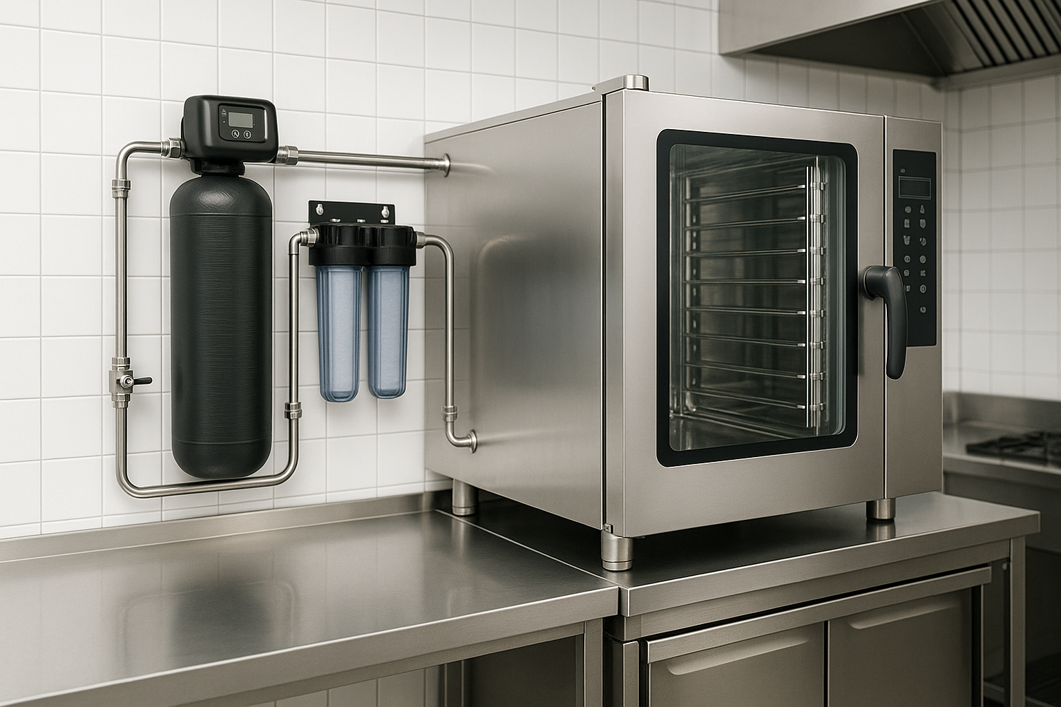 Sistema descalcificador y ósmosis instalado en pared junto al horno mixto profesional en cocina industrial
