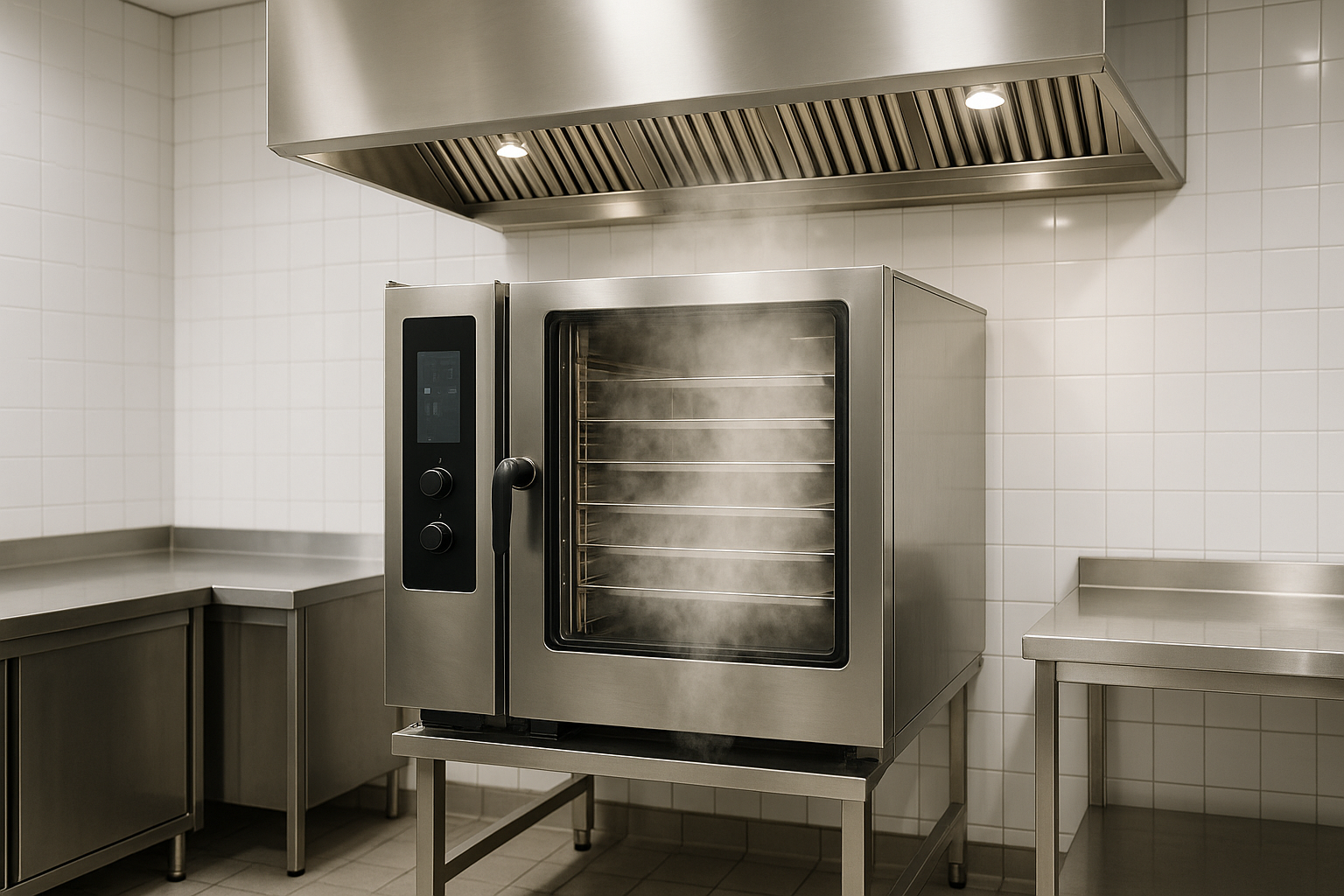 Campana extractora dimensionada sobre horno mixto profesional en cocina industrial