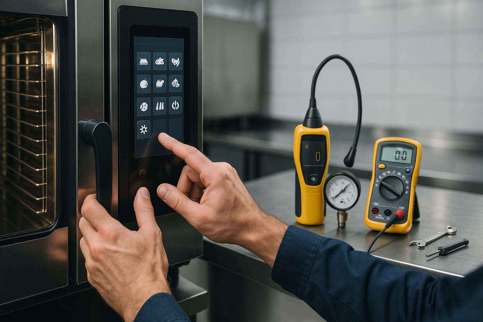 Técnico calibrando el panel digital de un horno mixto profesional con detector de fugas y manómetro