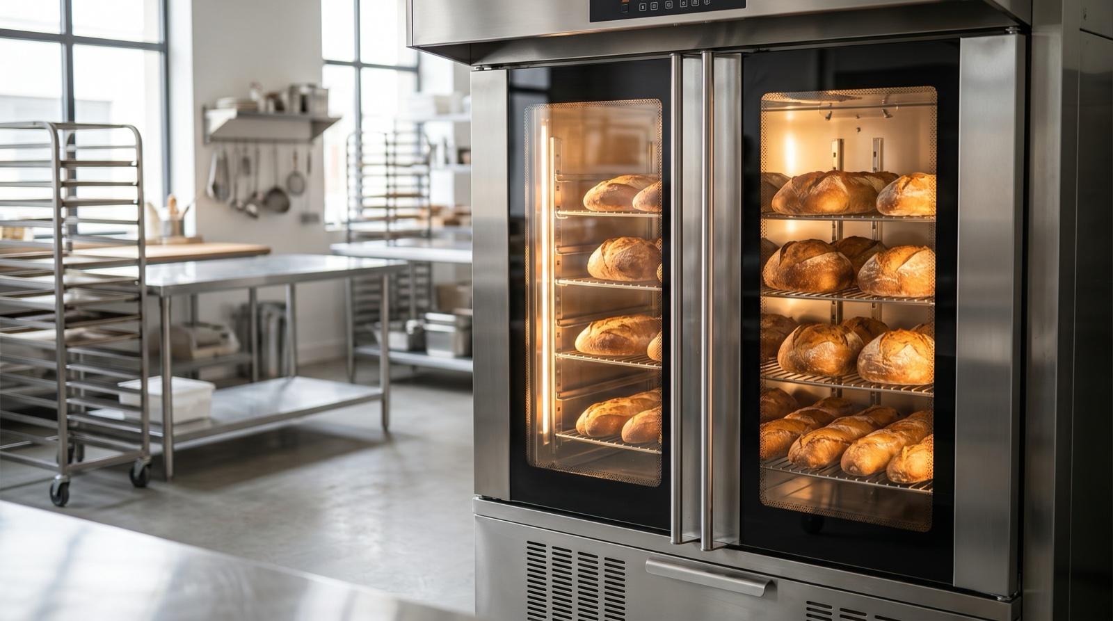 Horno panadería profesional FM convección con bandejas de pan recién horneado 2026