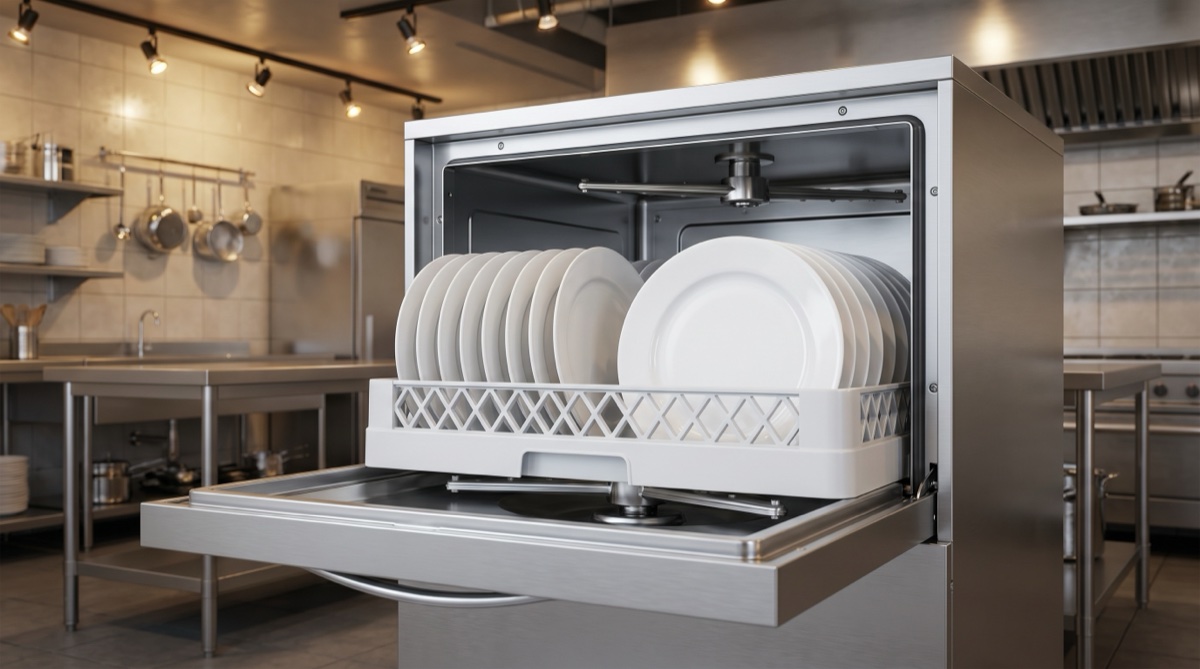 Lavavajillas industrial 40x40 abierto con cesta de platos blancos en cocina profesional de restaurante, acero inoxidable, luz cálida