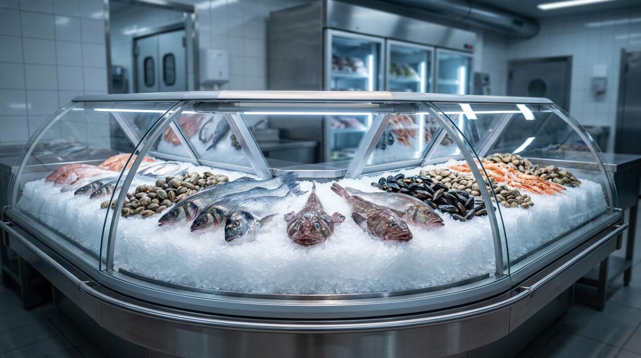 Vitrina expositora profesional pescaderia con cama de hielo y producto fresco 2026