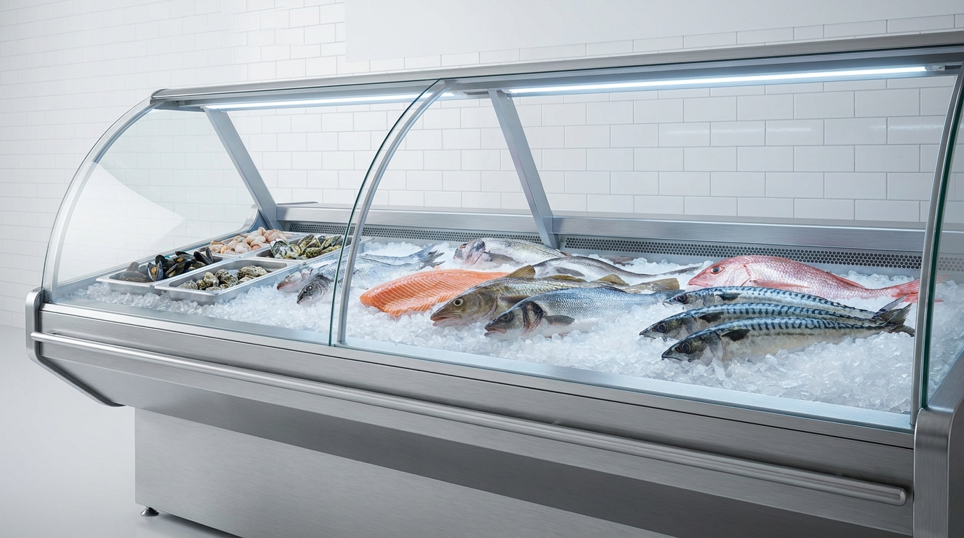 Vitrina expositora profesional para pescado con cama de hielo y producto fresco