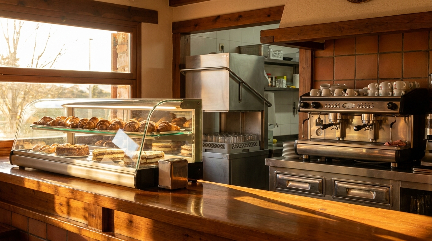 Barra de cafetería profesional con vitrina pastelera refrigerada, cafetera y lavavasos industrial en primer plano